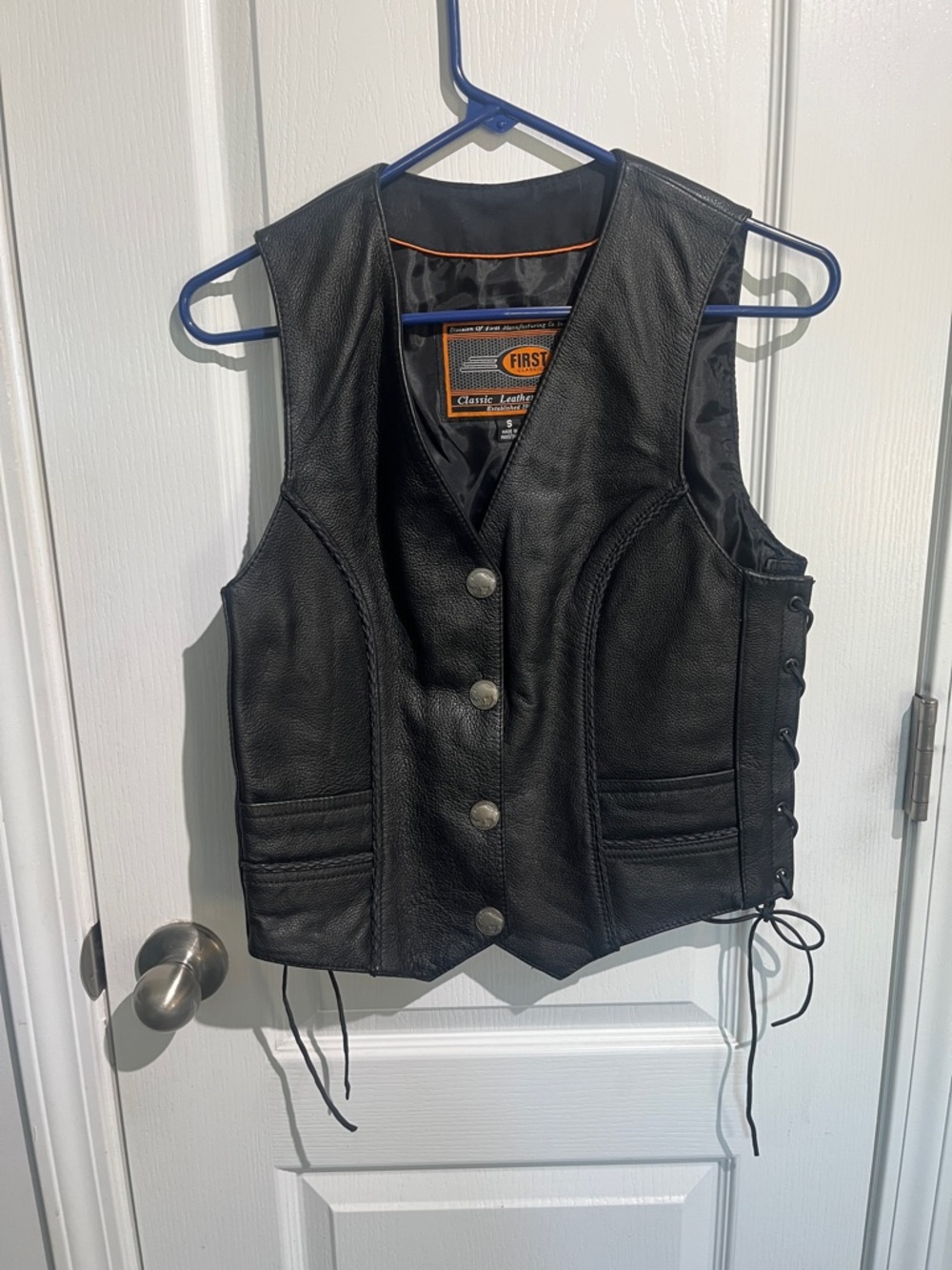 First Classics Black Leather Button Front biker Vest with Side Lacing